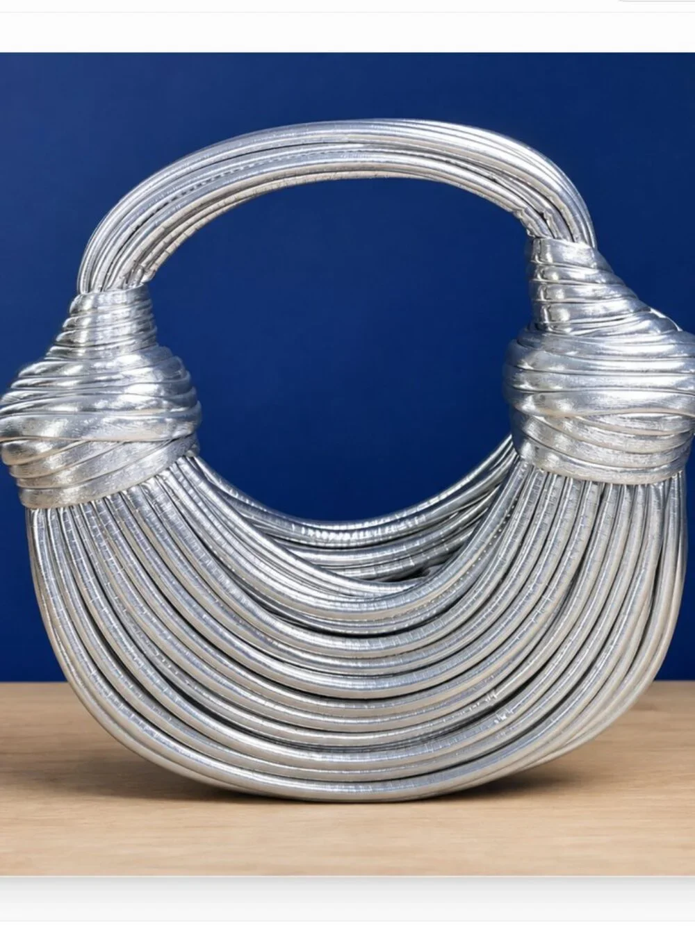 Metallic Silver Tubular Crescent Spaghetti Noodle Hobo Bag - Knotted Strap